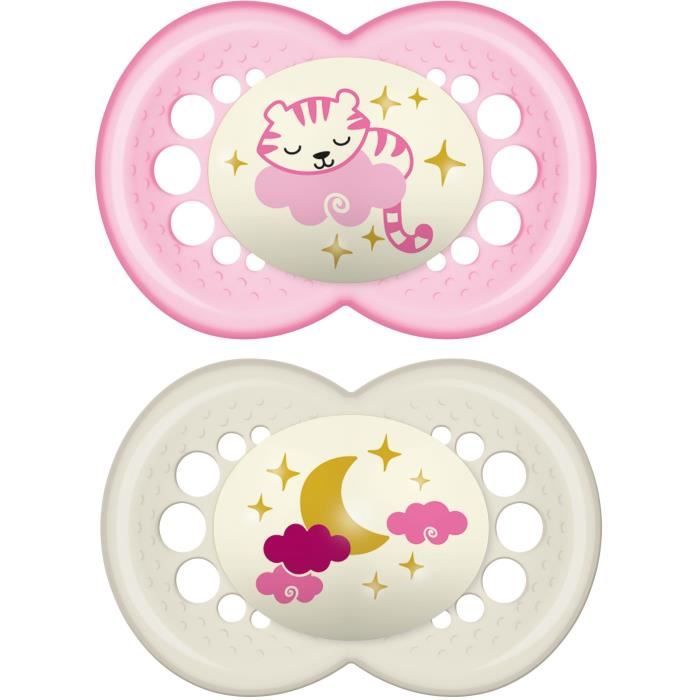 MAM Sucette Nuit - a partir de 18 mois - Silicone - Lot de 2 sucettes en boîte de stérilisation - Chat rose / lune