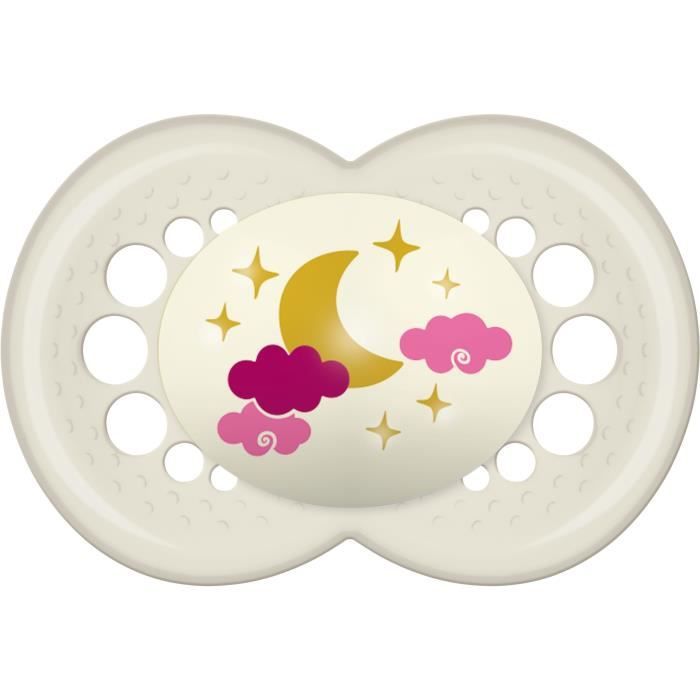 MAM Sucette Nuit - a partir de 18 mois - Silicone - Lot de 2 sucettes en boîte de stérilisation - Chat rose / lune