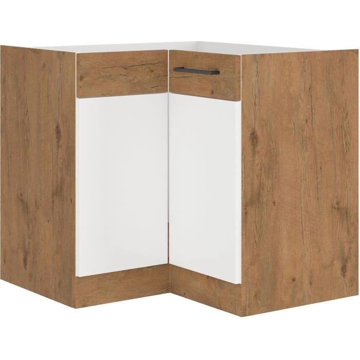 Meuble Bas d'Angle ROCK en Mélaminé Chêne Lancelot et Blanc Brillant - 89 x 89 cm