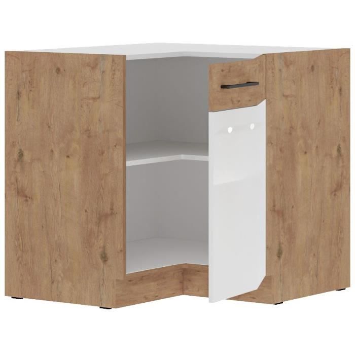 Image secondaire de Meuble Bas d'Angle ROCK en Mélaminé Chêne Lancelot et Blanc Brillant - 89 x 89 cm