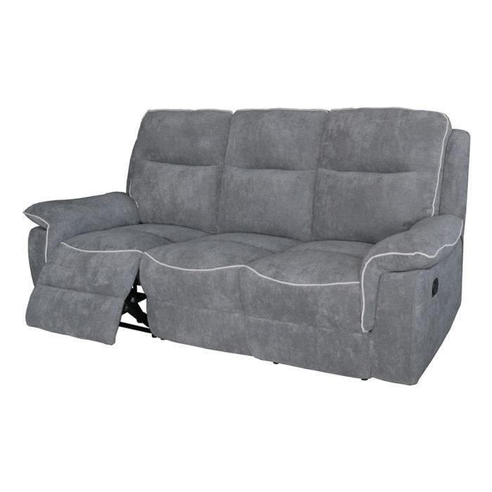 Canapé 3 places dont 2 relax manuelles - Tissu gris foncé et gris clair - L 224 x P 98 x H 104 cm - DARWIN