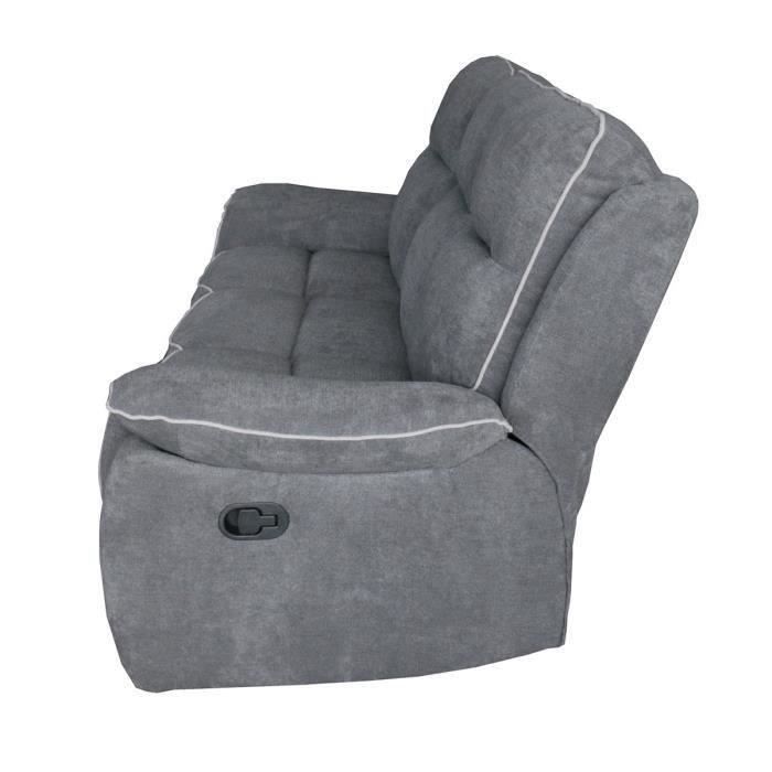 Canapé 3 places dont 2 relax manuelles - Tissu gris foncé et gris clair - L 224 x P 98 x H 104 cm - DARWIN