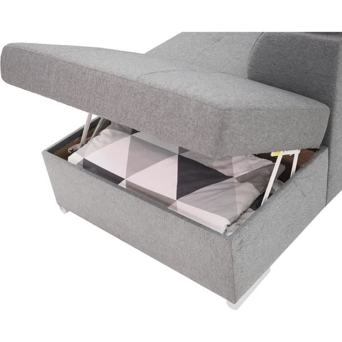 Canapé d'angle convertible réversible 5 places DAYTONA - Tissu gris - Coffre de rangement - L 260 x P 218 x H 77 cm