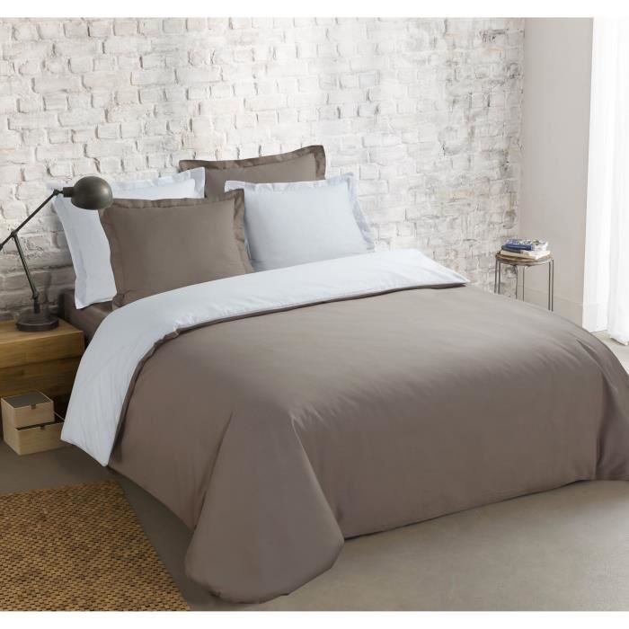 VISION - Bicolore - Housse de couette Réversible 260x240cm avec 2 taies 65x65cm - Taupe/blanc - 100% coton