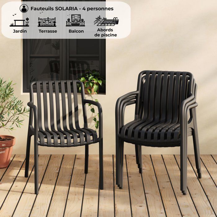 Image secondaire de Lot de 4 fauteuils de jardin empilables SOLARIA en polypropylène noir