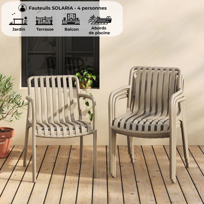 Image secondaire de Lot de 4 fauteuils de jardin empilables SOLARIA en polypropylène crème
