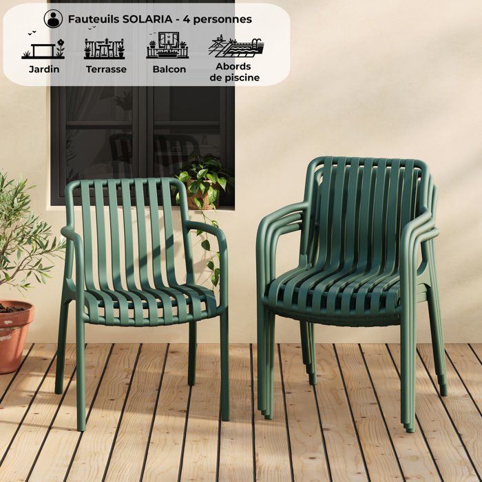 Image secondaire de Lot de 4 fauteuils de jardin empilables SOLARIA en polypropylène vert kaki