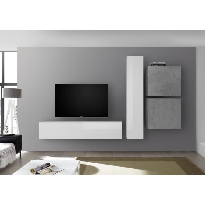 Meuble TV Mural - Ciment et Blanc Laqué  - L 260 x P 30 x H 180 cm - CESENA