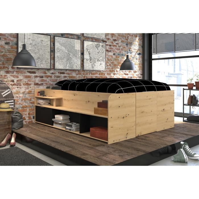 Image secondaire de Lit Coffre ODYSSEE 140x200 cm avec Sommier Relevable en Chêne et Noir