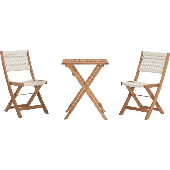 Set da bistrot pieghevole in legno di acacia FSC con intreccio in corda beige - 2 persone - MAKENA