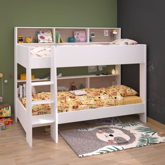 PARISOT Lits superposés enfant - Décor Chene et Blanc Ombre - Sommiers inclus - 2 x 90 x 200 cm - JIM