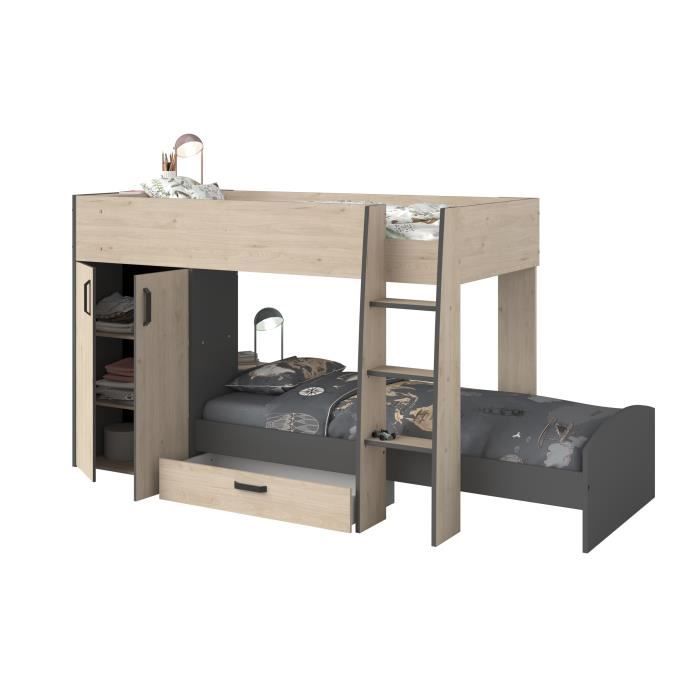 PARISOT Lits superposés enfant avec rangements - Décor Chene Jackson et Gris Ombre - Sommiers inclus - 2 x 90 x 200 cm - MIST