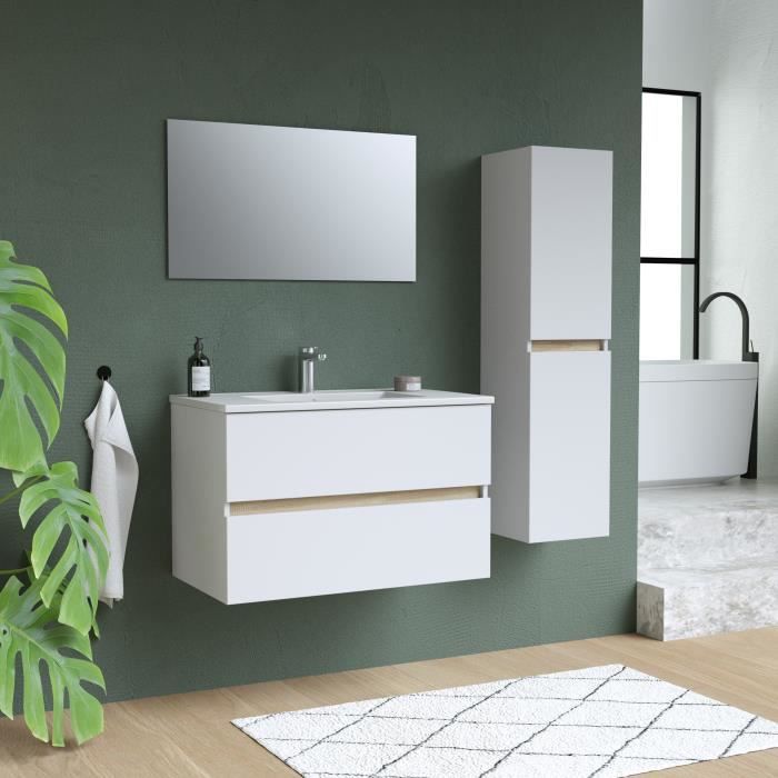 Ensemble Totem Blanc  set de salle de bain 80, vanity+vasque+miroir & Colonne