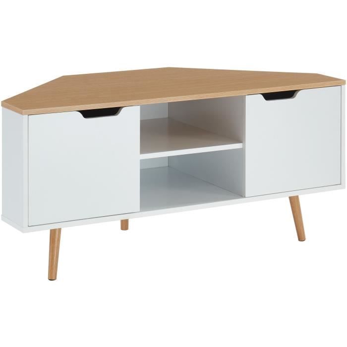 Meuble TV d'angle - Décor blanc et chene - Style industriel - L 115 x P 55 x H 53,5cm - LYNA