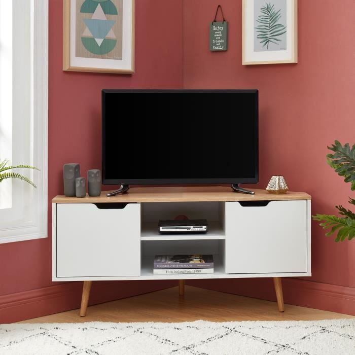 Meuble TV d'angle - Décor blanc et chene - Style industriel - L 115 x P 55 x H 53,5cm - LYNA