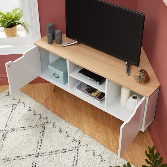 Meuble TV d'angle - Décor blanc et chene - Style industriel - L 115 x P 55 x H 53,5cm - LYNA