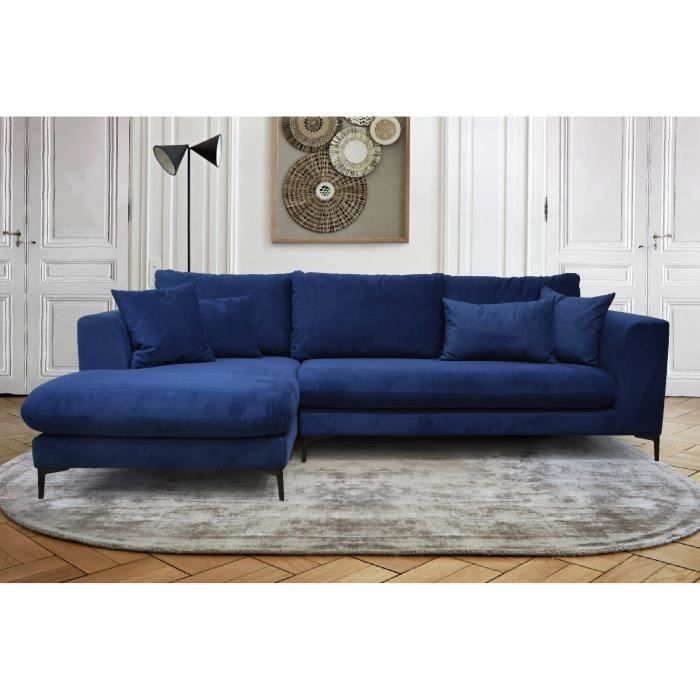 Canapé d'angle fixe gauche 5 places MARLEY - Tissu bleu - L 266 x P 165 x H 84 cm - Made in France - HEXAGONE