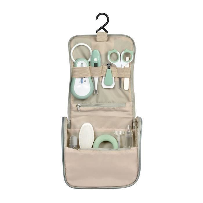 BEABA, Trousse de toilette bébé, nomade, 9 accessoires, vert sauge