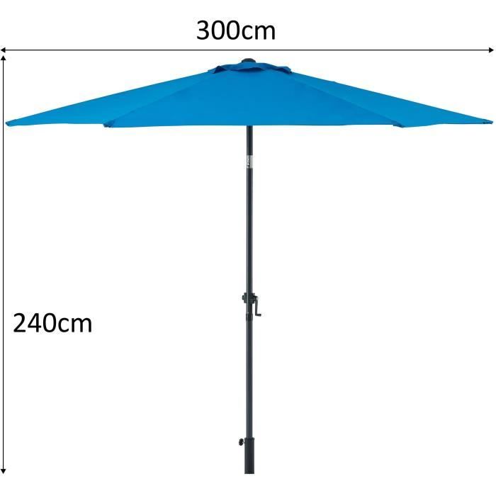 Parasol droit diametre 3 m - strucutre Aluminium toile 160 g/m - 6 baleines acier - Bleu
