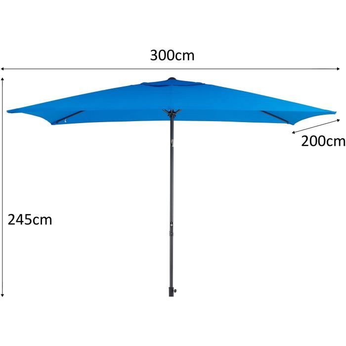 Parasol droit 3x2 m inclinable - Mât Aluminium avec toile polyester 160 g/m² - Bleu