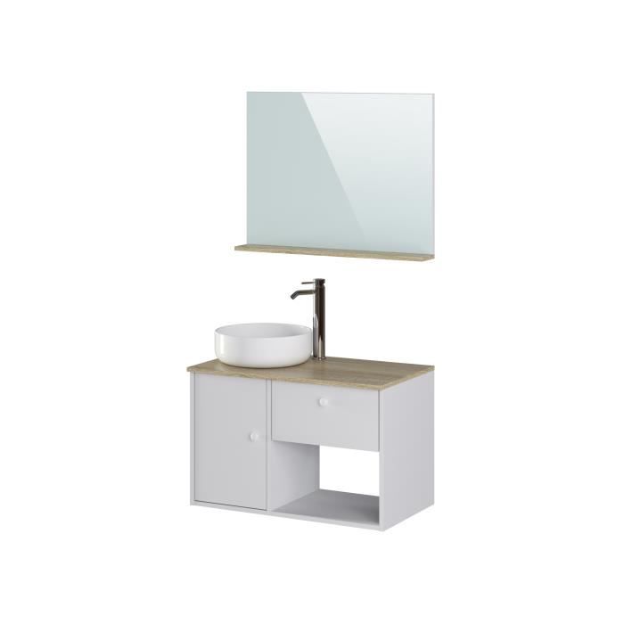 Badezimmerschrank mit Waschbecken + Spiegel - 1 Schublade 1 Türen - Eiche und weißes Dekor - L 80 x T 46 x H 63 cm - LARS
