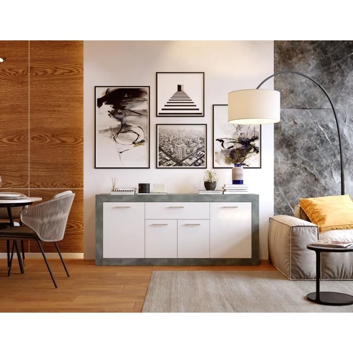 STONE Buffet 4 portes 1 tiroir - Décor béton et blanc - L 173 x P 41 x 75 cm