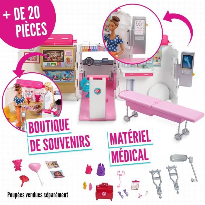 Barbie - Véhicule Médical 2 en 1 - Transformable en Hôpital  - Sons et Lumieres - Des 3 ans - 20 Accessoires