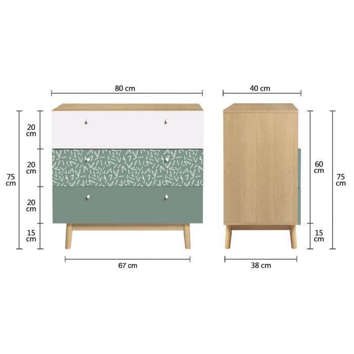 Commode 3 tiroirs - Décor chene et vert - Pieds en bois massif - L 80 x P 40 x H 75 cm - GARDENIA