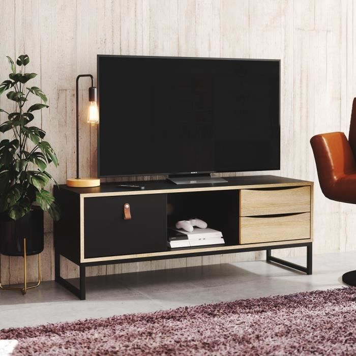 TVILUM Meuble TV 3 tiroirs - Décor bois et noir - L 117,2 x P 40 x H 45 cm - STUBE