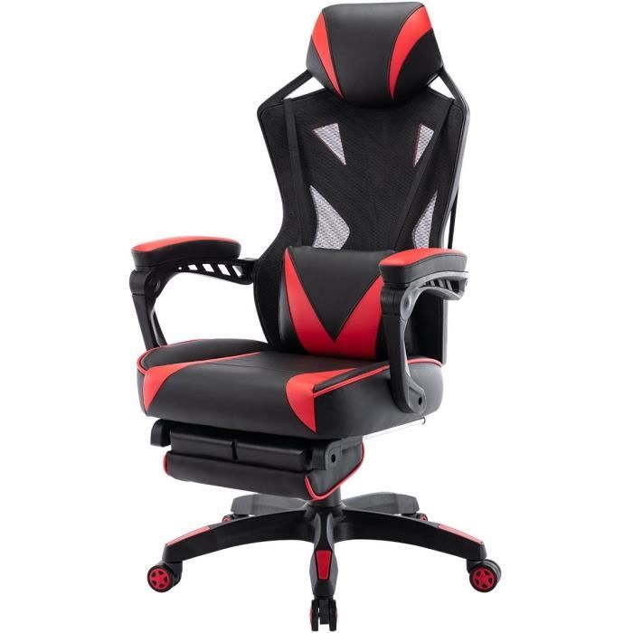 Chaise gaming de bureau ROADY - Tissu maille et simili-Noir et rouge - Repose-pieds -L65 x P64-115 x H118-126 cm