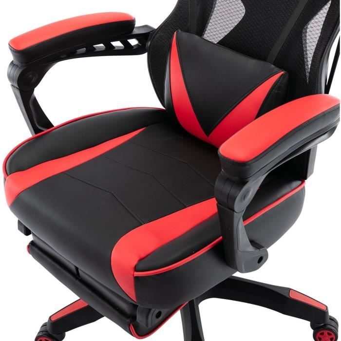 Chaise gaming de bureau ROADY - Tissu maille et simili-Noir et rouge - Repose-pieds -L65 x P64-115 x H118-126 cm