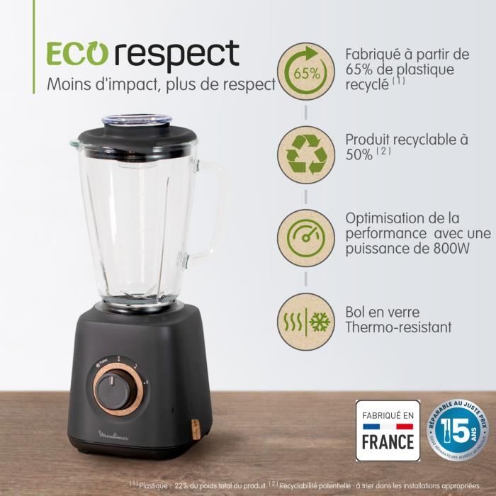 MOULINEX Blender Eco Respect, Design écologique, Smoothie, milk-shake, gaspacho, soupe, 1,75 L, Fabriqué en France LM46EN10