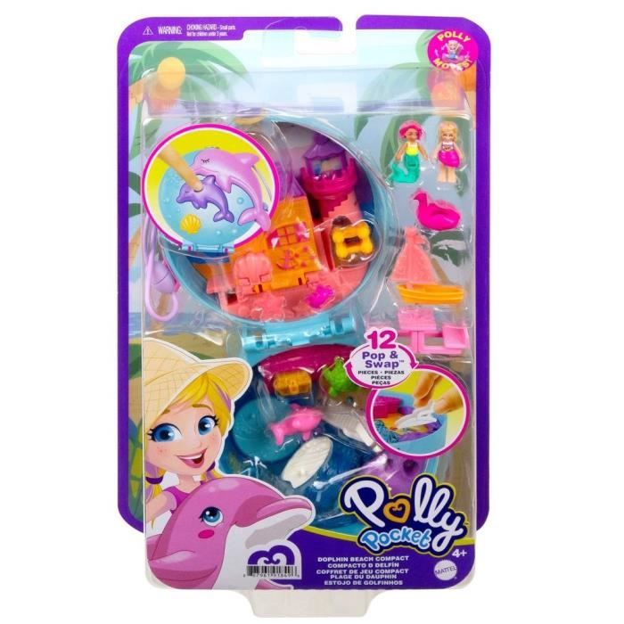 Polly Pocket - Coffret la plage du dauphin, avec Polly et sirene, 5 surprises et 13 accessoires - Mini-poupée - Des 4 ans