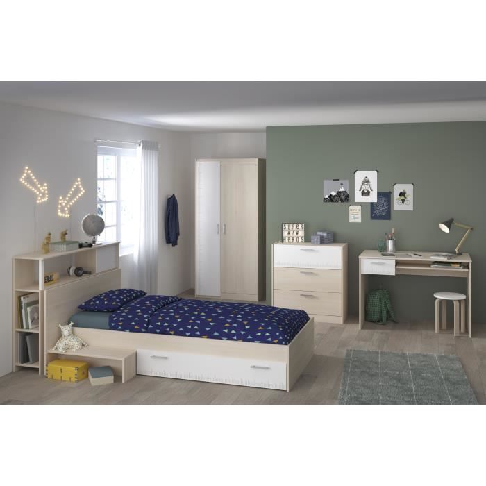 PARISOT Chambre enfant complete - Tete de lit + lit + commode + armoire + bureau - contemporain - D?cor acacia clair et blanc - CHAR