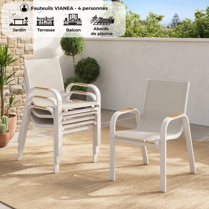 Image secondaire de Lot de 4 fauteuils de jardin VIANEA en aluminium et textilène blanc