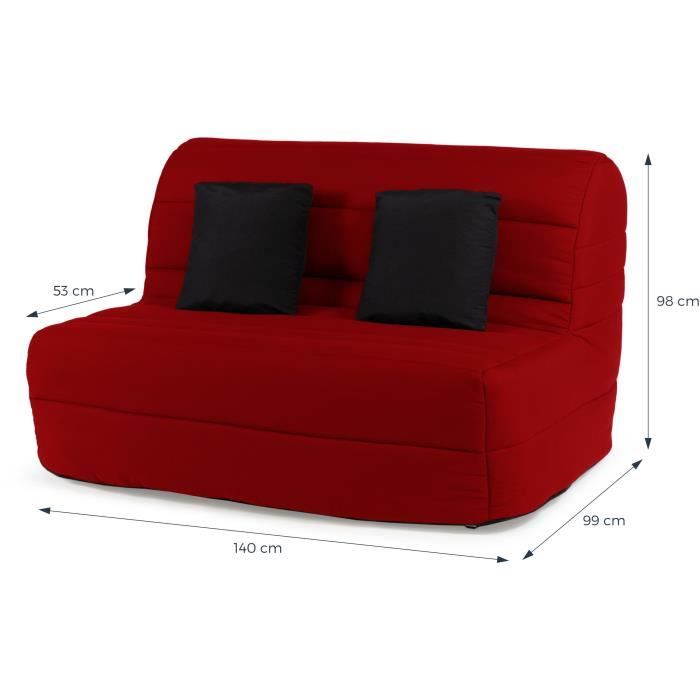 DUNLOPILLO Banquette BZ - Tissu Rouge + 2 coussins noir - L 140 x P 99 x H 98 cm - Made in France - ALICE