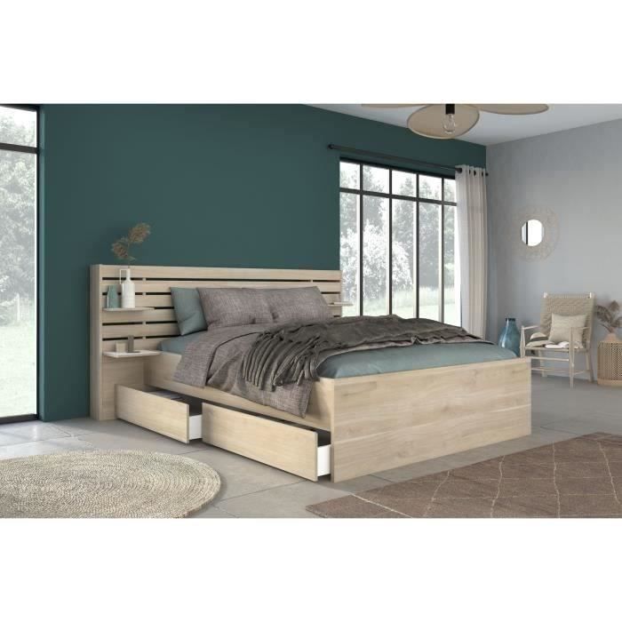 Lit Adulte ESCALE 160x200 cm en Chêne du Japon avec Tiroirs et Tête de Lit