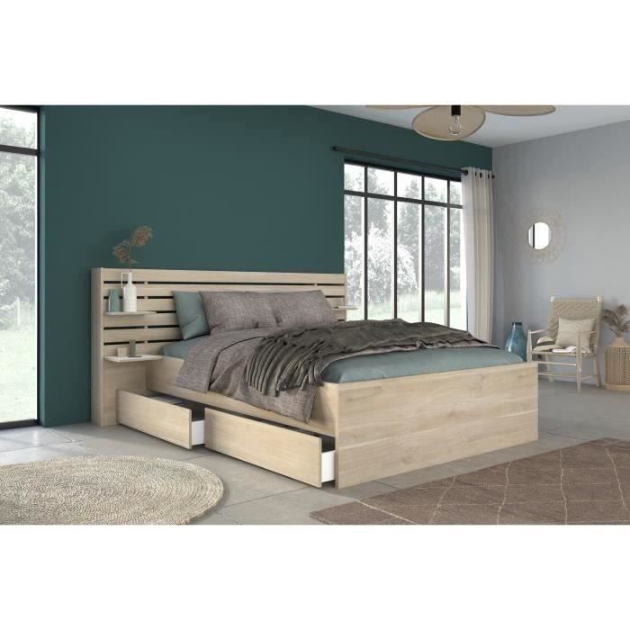 Lit adulte ESCALE 140x190 cm avec tête de lit et tiroirs en chêne du Japon
