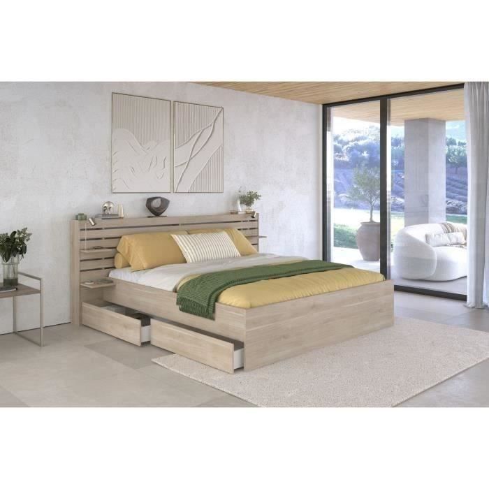 Lit Adulte ESCALE 180x200 cm en Chêne du Japon avec Tiroirs et Tête de Lit