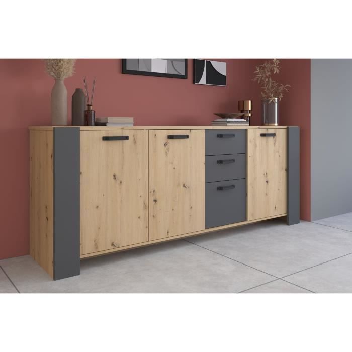 Ensemble enfilade + table LOFT - Mélaminé décor chene artisan et gris - Table rectangulaire 8 personnes-Enfilade 3 portes - PARISOT