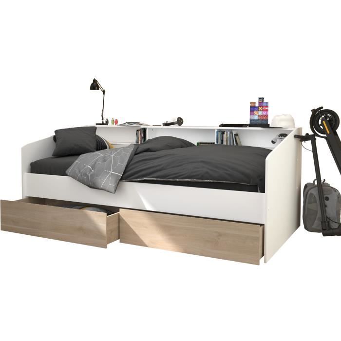 Image secondaire de Lit Banquette JOY avec 2 Tiroirs et 3 Niches - 90 x 200 cm - Chêne et Blanc