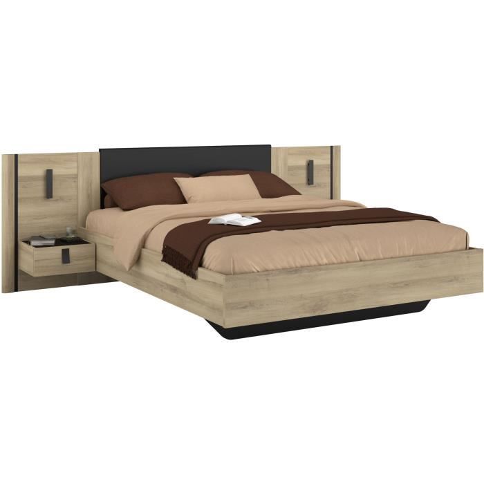 Image secondaire de Lit double KIERAN avec chevets intégrés et éclairage LED - 140 x 190/200 cm - Chêne et Noir