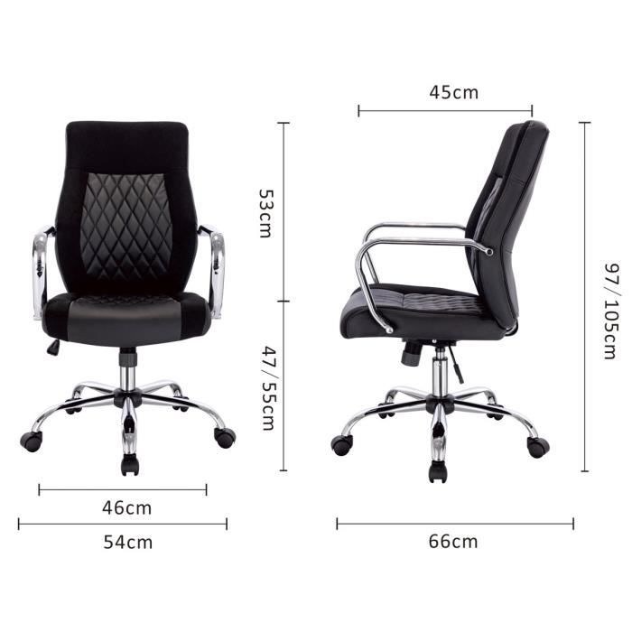 Chaise de bureau CUOCO - Simili et tissu noir - Ajustable - L 54 x P 66 x H 97 / 105 cm