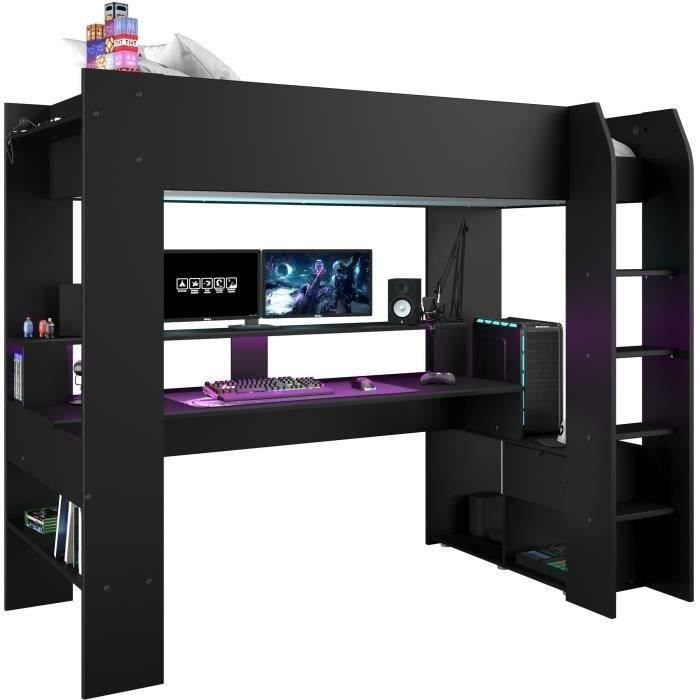 Lit mezzanine combiné enfant LED Gamer ONLINE - 90 x 200 cm - Noir mat - Sommier inclus - PARISOT