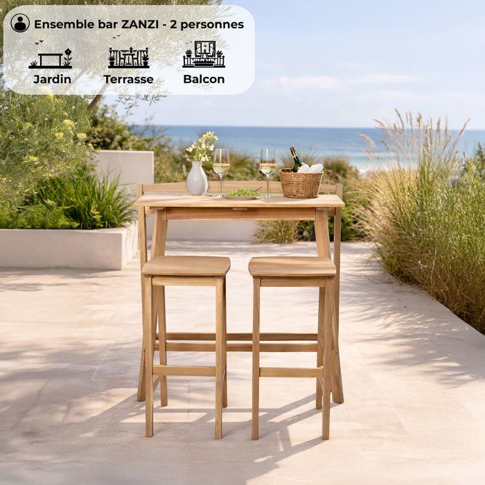 Image secondaire de Ensemble Bar ZANZIBAR en Bois d'Acacia FSC - Table Haute et 2 Tabourets