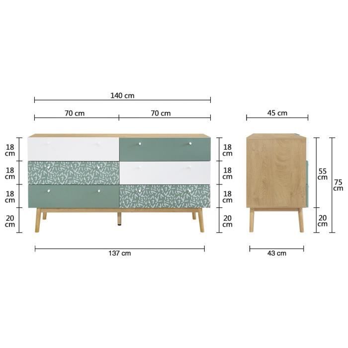 Commode 6 tiroirs - Décor chene et vert - Pieds en bois massif - L 140 x P 45 x H 75 cm - GARDENIA