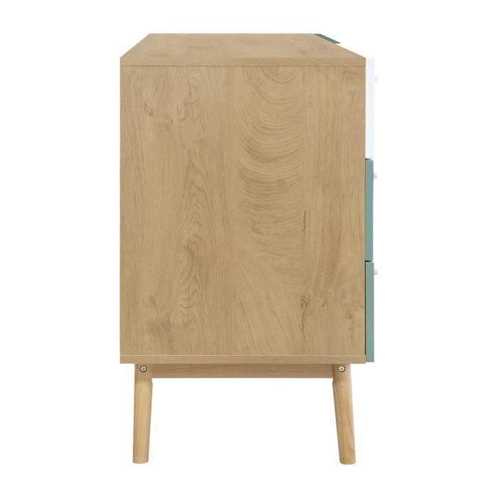 Commode 6 tiroirs - Décor chene et vert - Pieds en bois massif - L 140 x P 45 x H 75 cm - GARDENIA