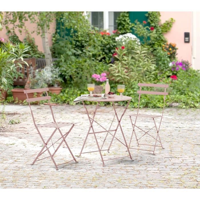 Set bistrot 2 personnes - Table ronde 60 cm avec 2 chaises - Acier  thermolaqué - Rose