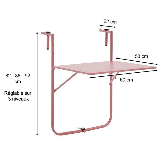 Table de balcon rabattable - Acier - 60 x 75 x 82-92 cm - Rose