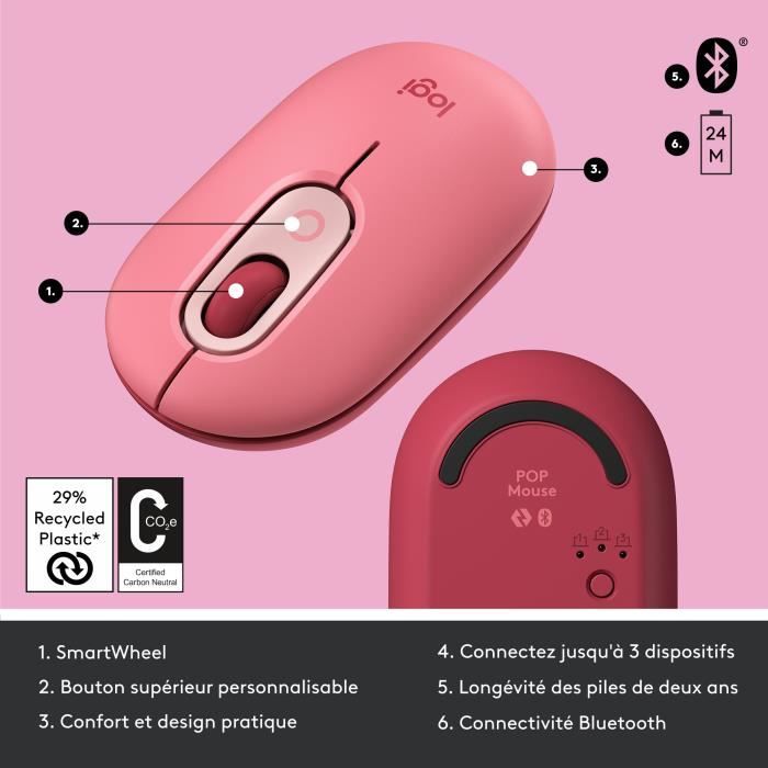 Souris Sans Fil Logitech POP Mouse avec Emojis Personnalisables, Bluetooth, USB, Multidispositifs - Rose